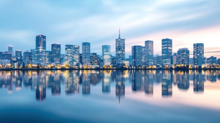 Obraz premium City skyline reflected in calm water at dawn