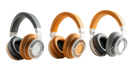 Three Stylish Over Ear Headphones in Gray and Orange, PNG