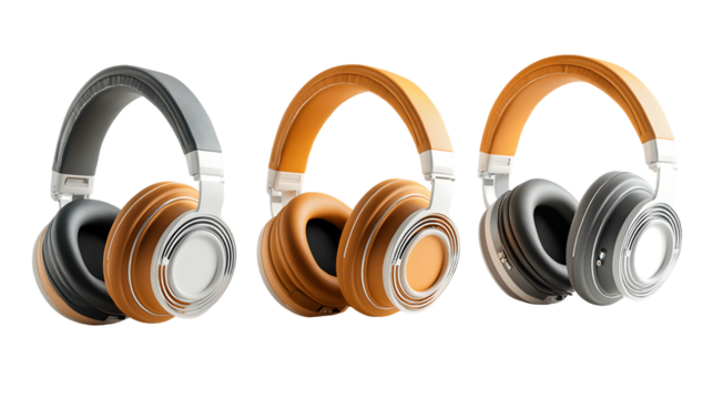 Three Stylish Over Ear Headphones in Gray and Orange, PNG