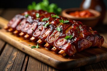 Traditional German smoked pork ribs on a wooden platter, pork, meat