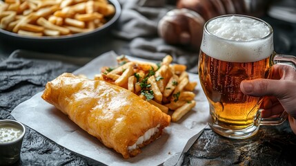 Crispy fish chips beer pub fare Crispy food with beer and fries on a rustic table setting.