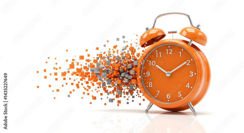 Poster orange alarm clock disintegrating into pixelated cubes on white background indicating time passing