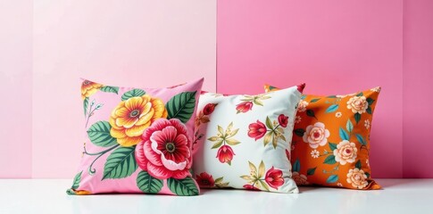 Vibrant floral patterned throw pillows on a white and pink striped background, floral patterns, throw pillows