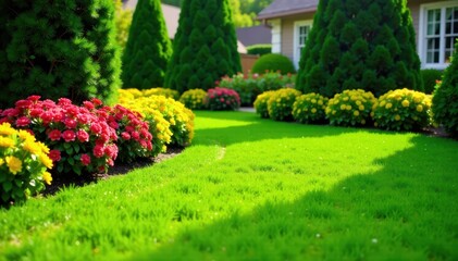 Fototapeta premium Vibrant green lawn with neatly trimmed edges and vibrant flowers surrounding perfectly manicured shrubs, flowers, lawn