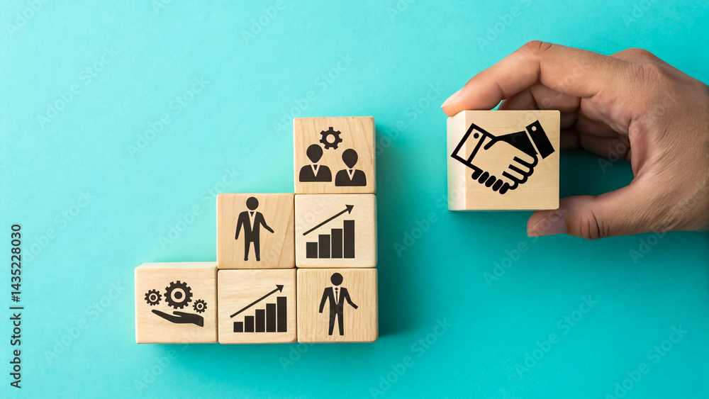 Poster building a successful business teamwork growth and partnerships visualized with wooden blocks on a v