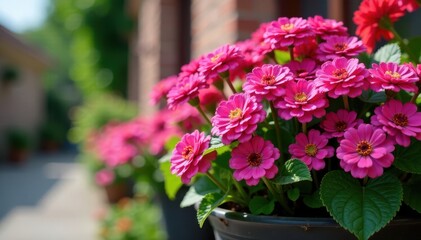 Fototapeta premium Vibrant pink lantana camara flowers densely packed in a large container, purple, blooming
