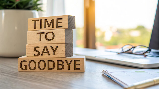 Saying Goodbye Wooden blocks spelling Time To Say Goodbye on a desk near a laptop and notebook signifying farewell departure or end of a chapter with soft natural lighting and a blurred background
