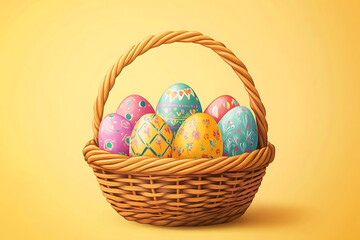 Colorful Easter eggs in a woven basket against a bright yellow background, celebrating springtime