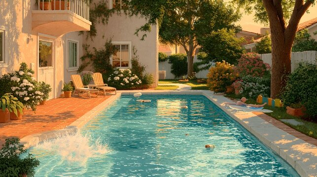 realistic backyard pool during golden hour, family relaxing on lounge chairs, kids jumping into water with splashes, floaties drifting nearby, soft warm sunlight and shadows on the tiled patio