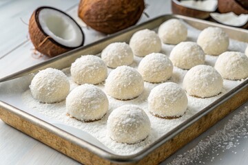 Fototapeta premium Coconut Treats Coated in White Powder Ready for Serving Generative AI