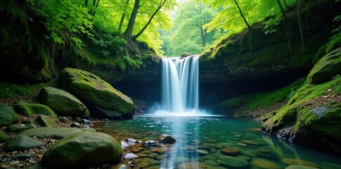 Waterfall cascading over rocks in a lush green forest , forest, jungle