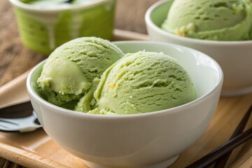Delightful Green Tea Ice Cream Served in a Bowl Generative AI