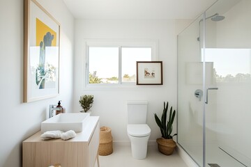 Bright, minimalist bathroom with natural tones  Features a modern sink vanity, a glass shower enclosure, and artwork