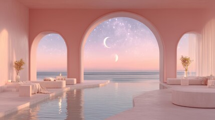 3D white cylindrical podium with Surreal architecture with arched window,curtain,pool,interior design of empty space,exhibition gallerydisplayProduct presentation realistic podium or platform.