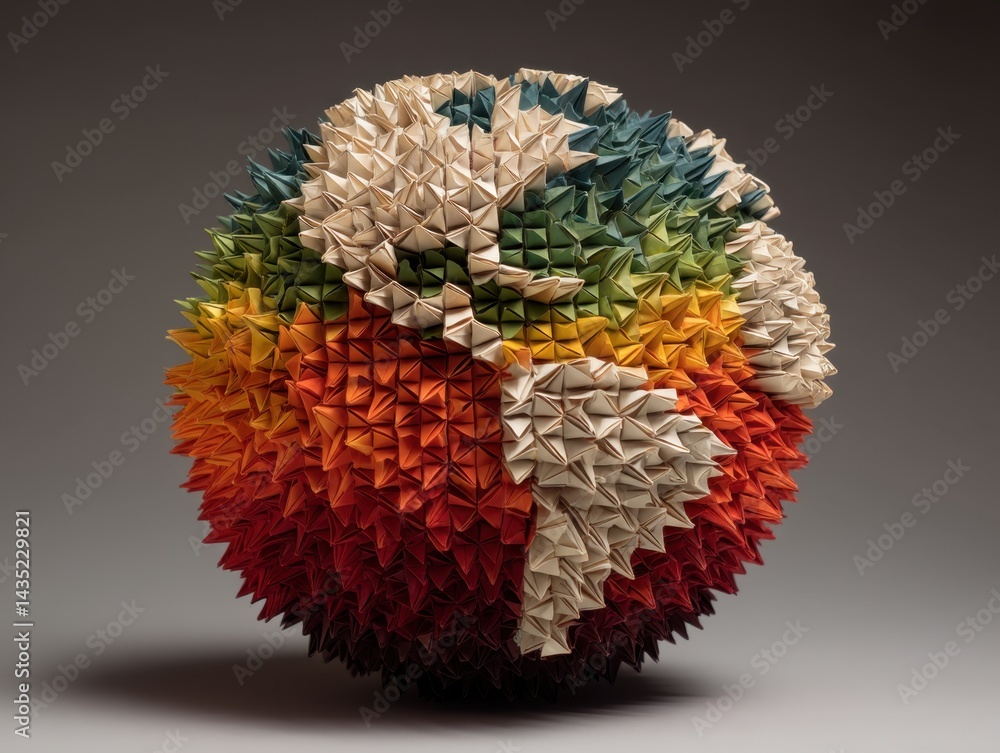 Poster colorful origami sphere with intricate geometric patterns and warm tones on a gray background for cr