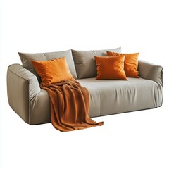 Sofa with a blanket and pillows, isolated on a white background.