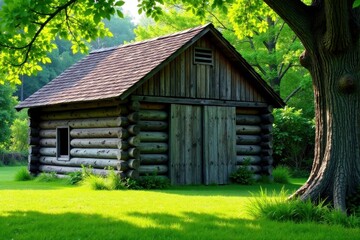 Weathered log barn with overhanging roof and lush greenery next to ancient tree trunk, cove, forest