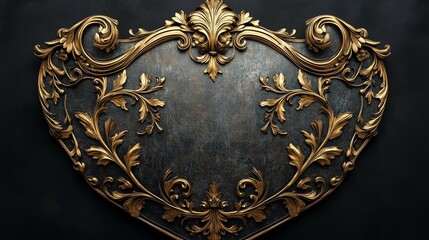 A majestic heraldic shield with intricate royal floral ornaments, adorned with golden vines, acanthus leaves, and elegant scrollwork. 
