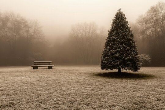Foggy park scene with bench and frosted tree A park in the early morning or late evening, shrouded in a thick fog A lone bench sits in the middle ground, and a small, 