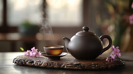 Fototapeta premium A steaming cup of tea, traditional Chinese tea set on a wooden tray