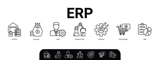 ERP banner web icon set vector illustration concept for enterprise resource planning with icon of inventory, financials, hrm, production, service, purchasing, and mrp