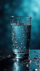 Wet glass with rainwater drops on a worn, dark blue textured background , gloomy scene, stormy night