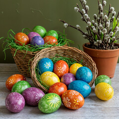 "Colorful Easter Eggs in a Woven Basket"

