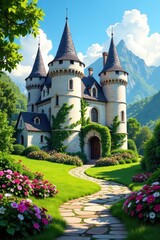 Whitewashed stone castle with a majestic garden, castle, flowers