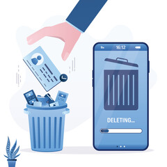 Deleting account or profile in social network. Smartphone with garbage bin, social media signs in trash can. Deactivated account, subscribes cancellation.