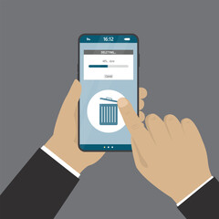 Human hands holding and cleaning phone or documents to waste bin smartphone. Delete junk files, share documents and clean your phone. cleaning cellphone, from trash files.