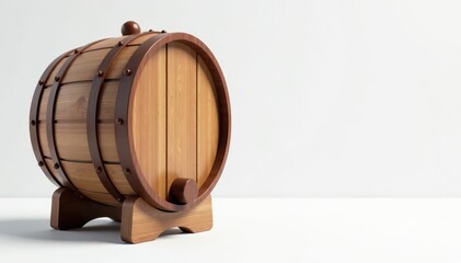 Wooden barrel with intricate carvings stands alone against a clean white surface, wooden barrel, vintage feel