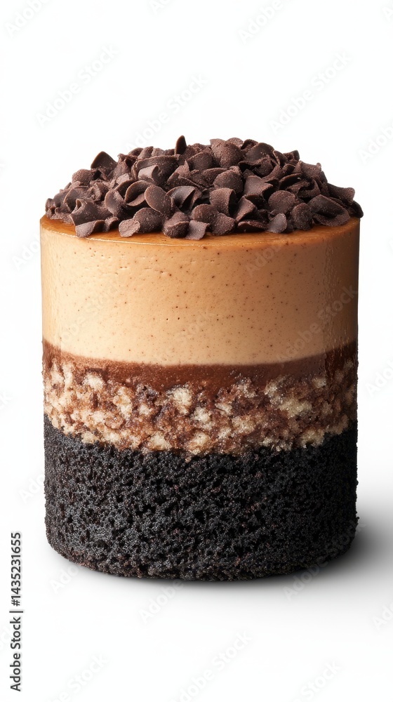 Poster delectable chocolate mousse cake with rich layers and delicate chocolate curls against a clean white