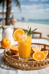 A glass of orange juice with ice cubes and a slice of orange on top