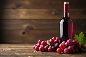 Wooden table with an open bottle of rich red wine and grapes on the side, luxury, premium