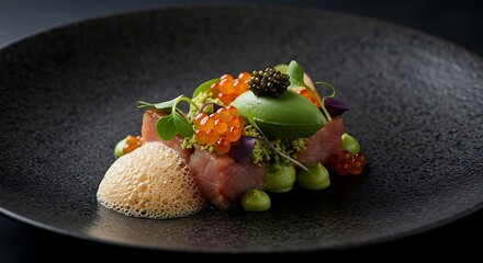 Gourmet Tuna Tataki Dish with Avocado Puree and Caviar