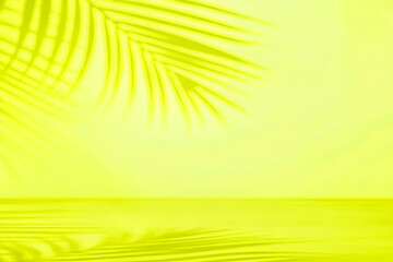 Natural shadow from tropical palm leaves on blank yellow gradient background for product display. Yellow empty studio with room floor. Minimal summer concept