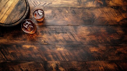 Two glasses of whiskey on a rustic wooden table