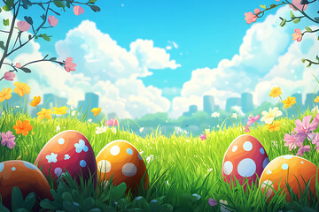 Colorful decorated eggs nestled in vibrant grass, surrounded by blooming flowers under a sunny sky