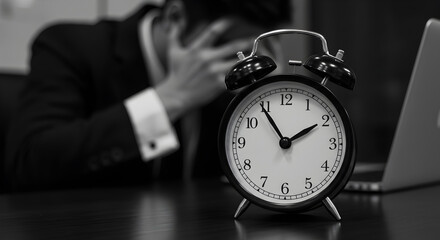 Worried Businessman with Head in Hands Facing Alarm Clock and Laptop in Monochrome Theme