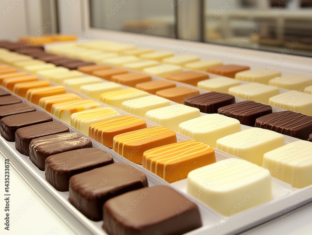 Aufkleber assorted chocolate pralines in neat rows display of gourmet confectionery with a creamy smooth textu