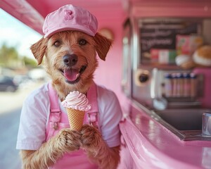 Happy dog in pink uniform serving ice cream from a vibrant food truck
