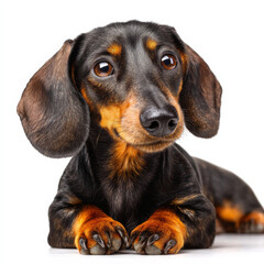 Lovable black and brown dachshund dog isolated on transparent or white background