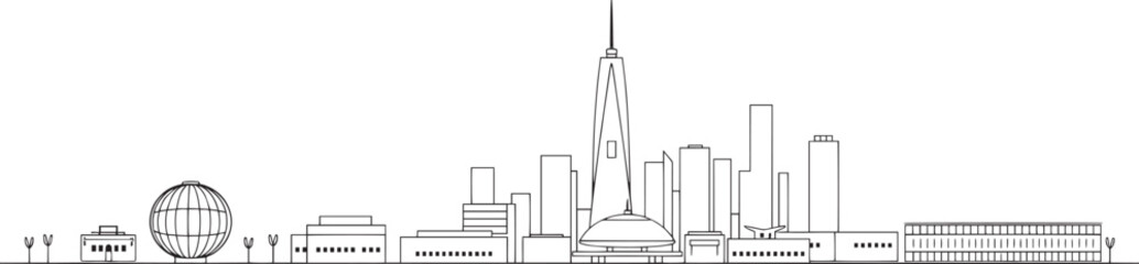 City landscape. Line urban backdrop. Skyline with clouds, different buildings on street, doodle street draw, outline cityscape hand sketch, flat houses. Hand drawn vector illustration