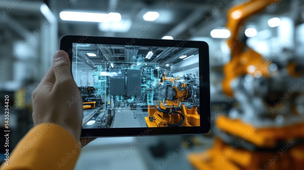 Leinwandbilder augmented reality overlay on a tablet displays a factory with robotic arm