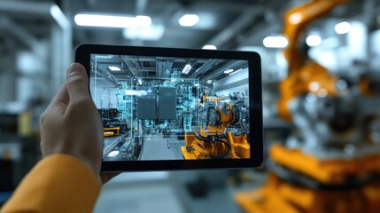 Augmented reality overlay on a tablet displays a factory with robotic arm