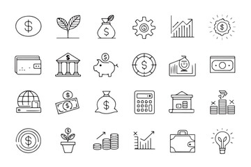 24 set of web Financial profit icons in line style. Money savings, Finince savings, Instement,Management, Movelsment, icon collection.finance, investment,Money,Success and more. Editable stroke