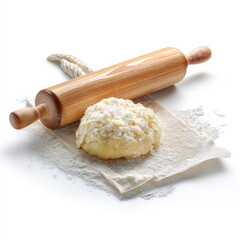 Raw dough and rolling pin isolated on transparent or white background 
