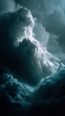 Dramatic seascape featuring powerful waves crashing under a stormy sky creating a sense of awe and the raw power of nature in a moody and atmospheric style
