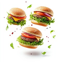 burgers floating in the air, each with different ingredients and surrounded by food splashes, on a white background,