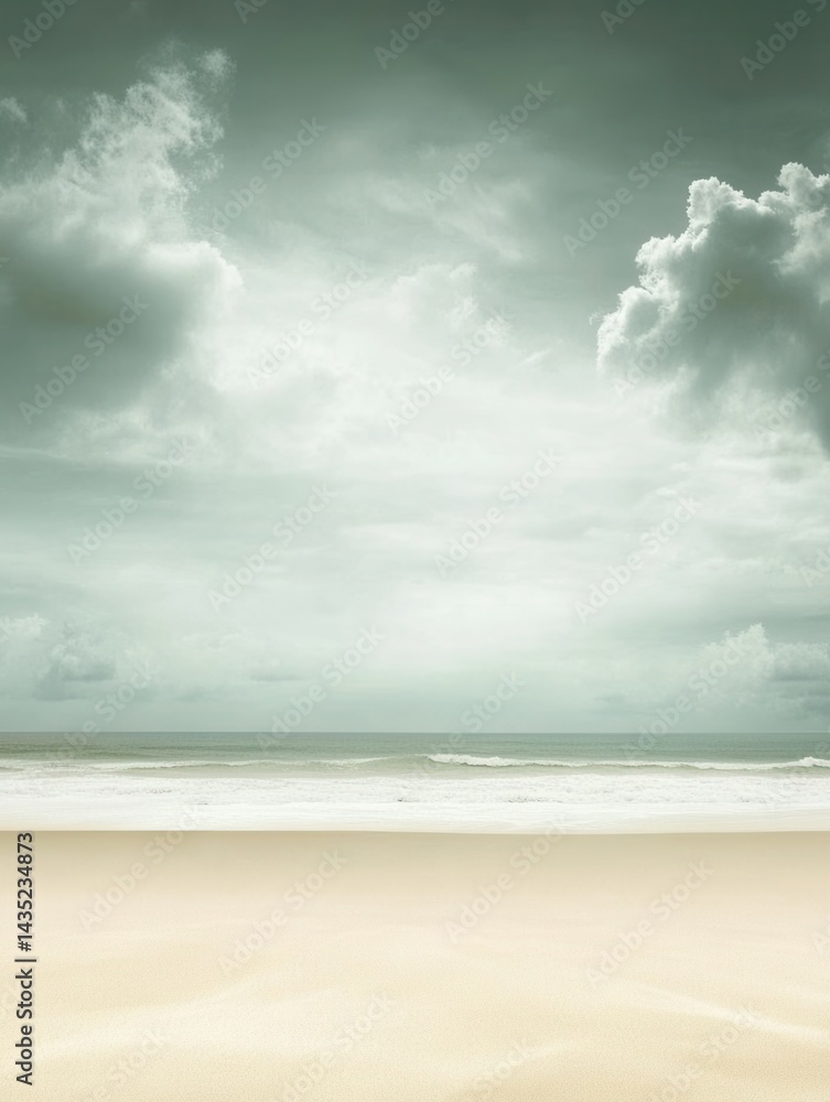 Poster serene beach landscape with soft sand and gentle waves under a dramatic cloudy sky creating a peacef